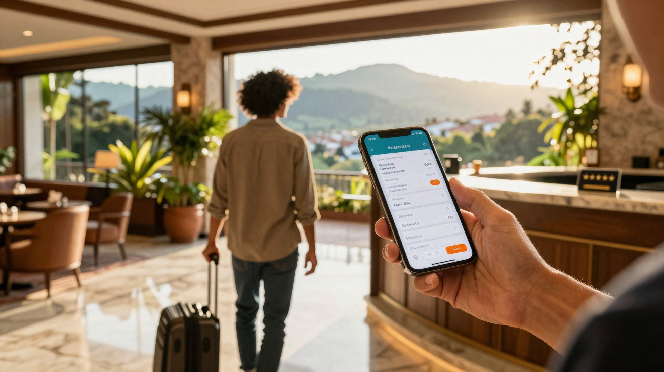 Pessoa segurando celular com reserva de hotel na tela, enquanto outro caminha pelo saguão com mala.