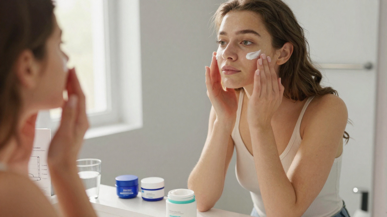 Mulher aplicando creme facial enquanto se olha no espelho em ambiente iluminado.