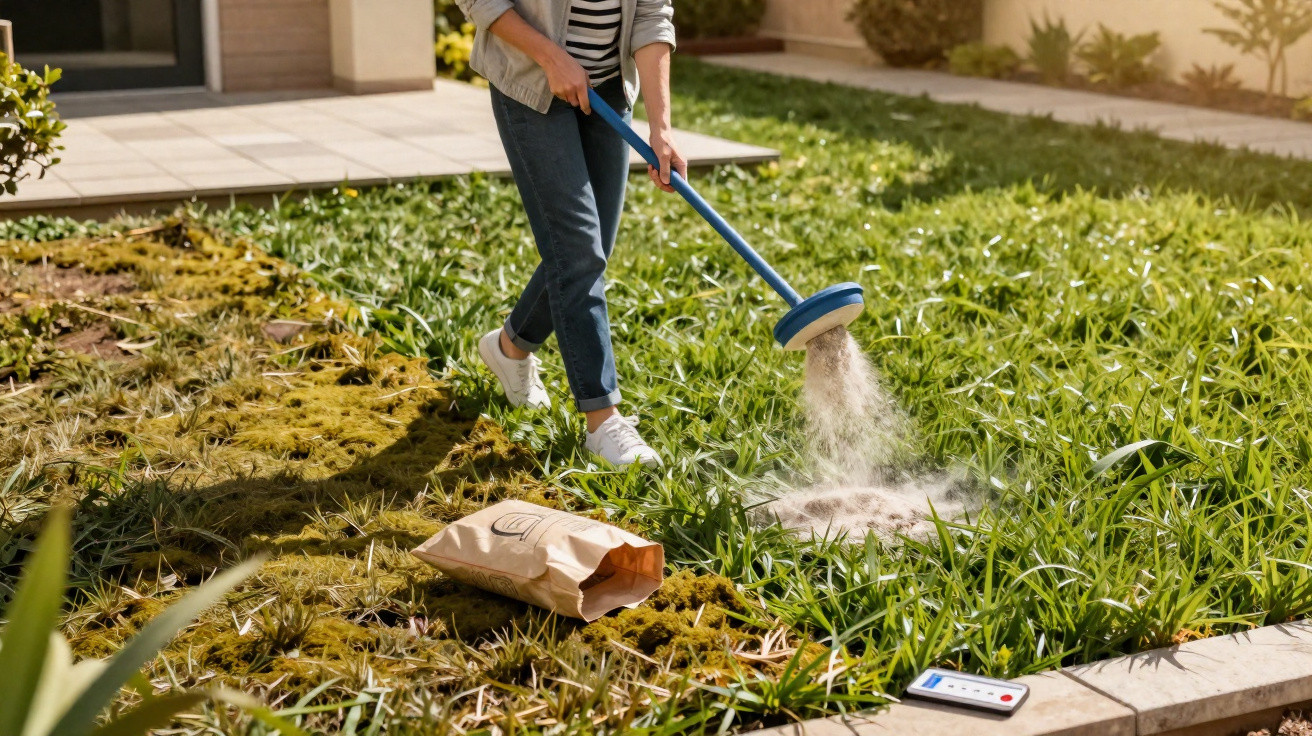Pessoa aplicando herbicida com pulverizador manual em jardim gramado residencial.