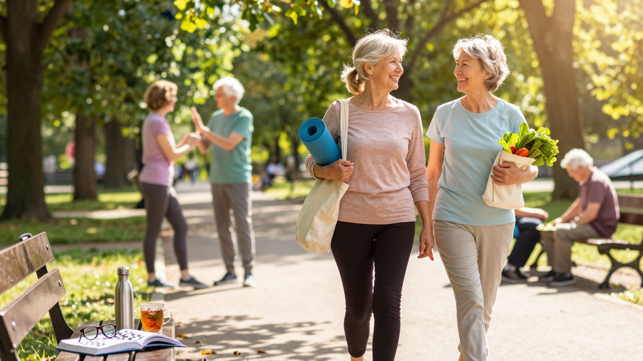 Duas mulheres maduras caminhando em parque, uma com tapete de yoga e outra com sacola de legumes frescos.