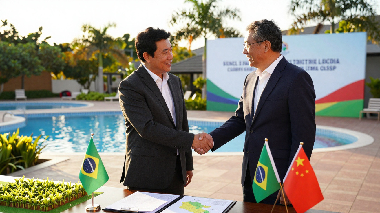 Dois homens em terno apertam as mãos em reunião ao ar livre com bandeiras do Brasil e China ao lado.