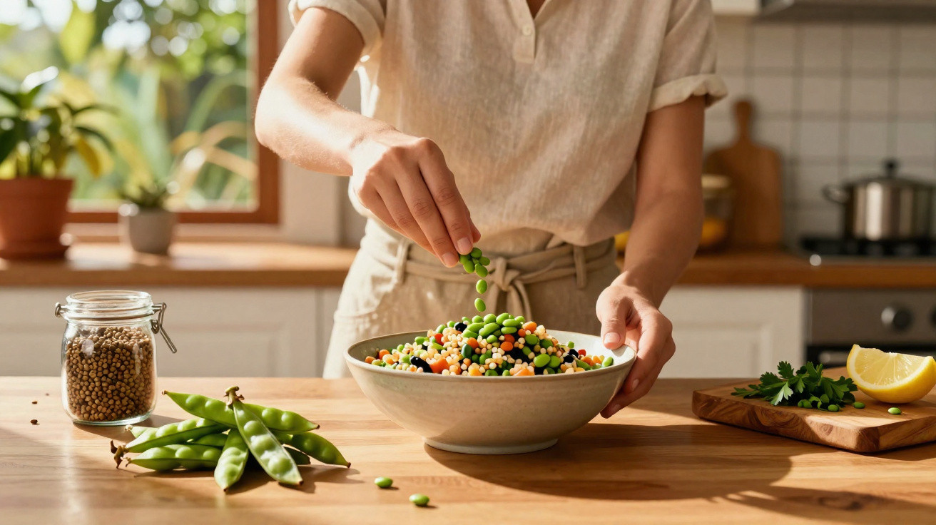 Pessoa preparando salada com ervilhas frescas em cozinha iluminada pela luz natural.
