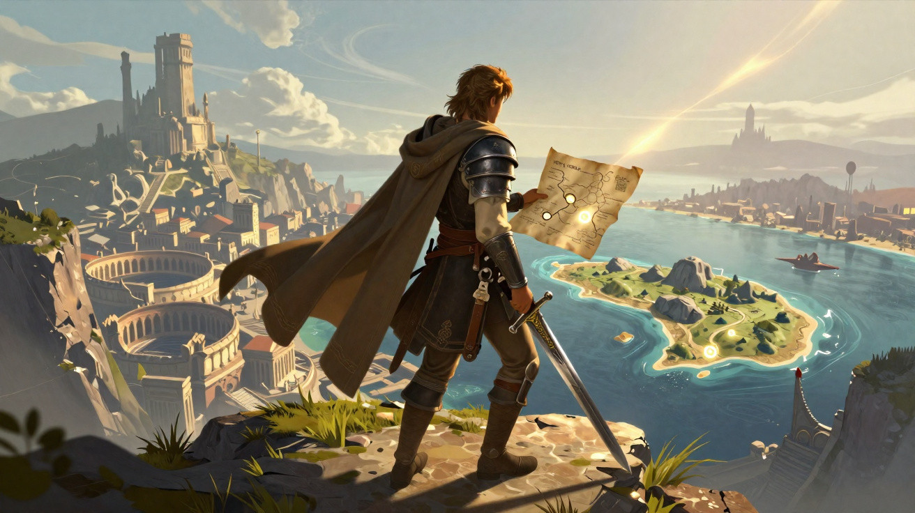Guerreiro medieval com espada e capa observando mapa e vista panorâmica de cidade e ilha ao entardecer.