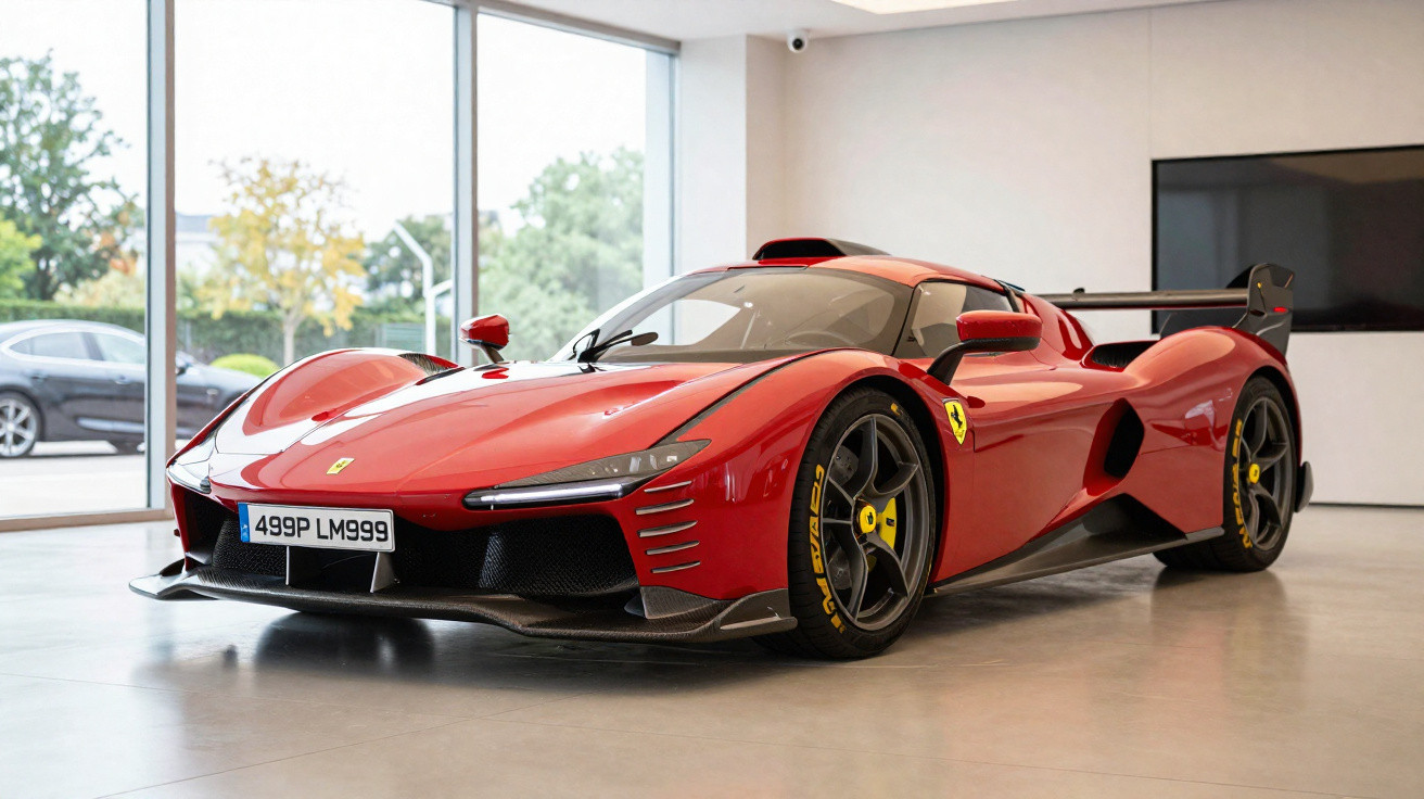 Carro esportivo vermelho Ferrari estacionado em ambiente interno com grandes janelas ao fundo.