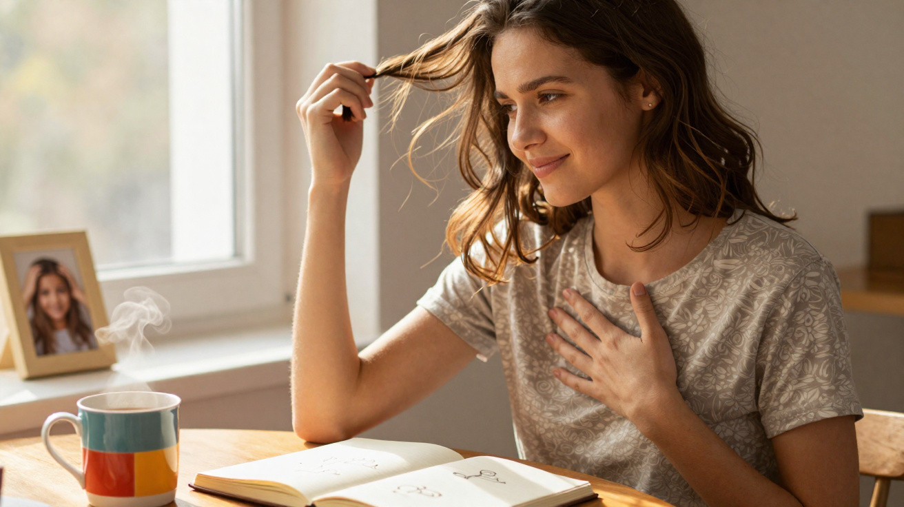 Mulher sorrindo sentada à mesa com livro aberto, segurando os cabelos e mão no peito, ao lado de uma xícara fumegante.