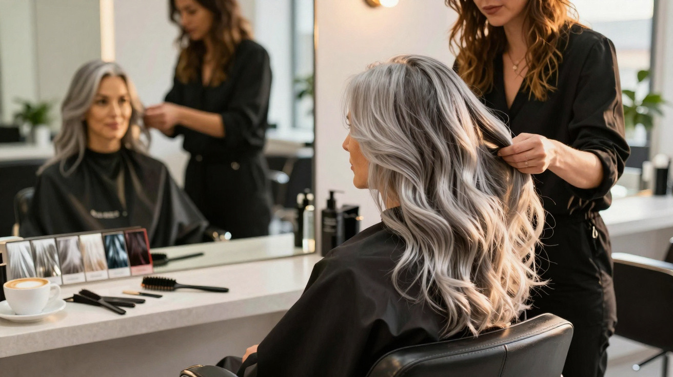 Mulher com cabelo grisalho sendo penteada por cabeleireira em salão de beleza moderno.