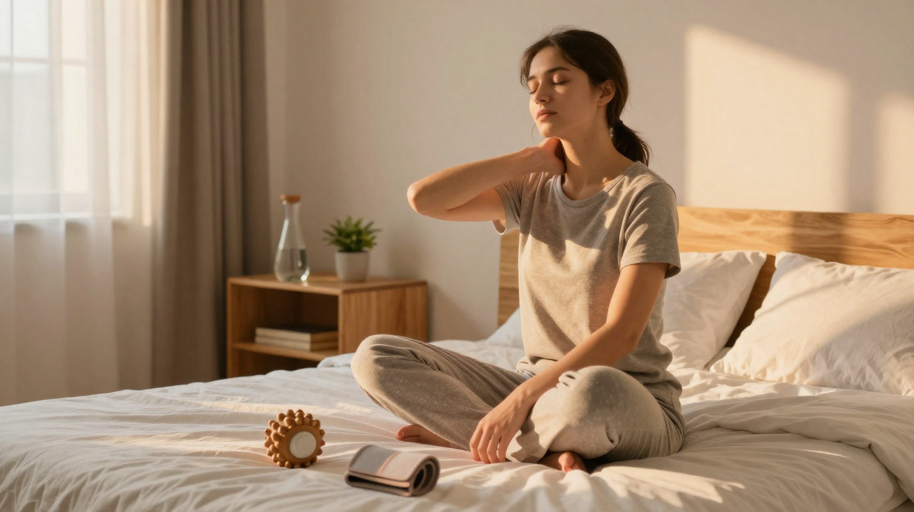 Mulher sentada na cama massageando o pescoço, com olhos fechados em ambiente iluminado natural.