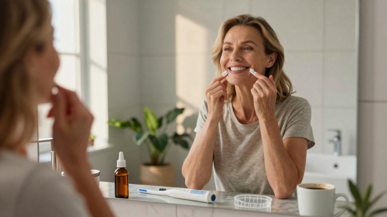 Mulher sorrindo aplica aparelho ortodôntico transparente em frente ao espelho do banheiro.