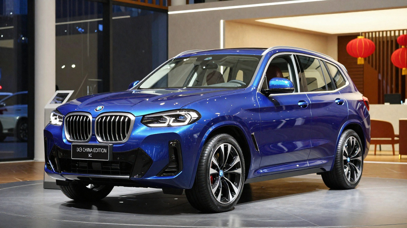 SUV BMW X3 azul em exposição dentro de prédio moderno com decoração em tons claros e luminária vermelha.
