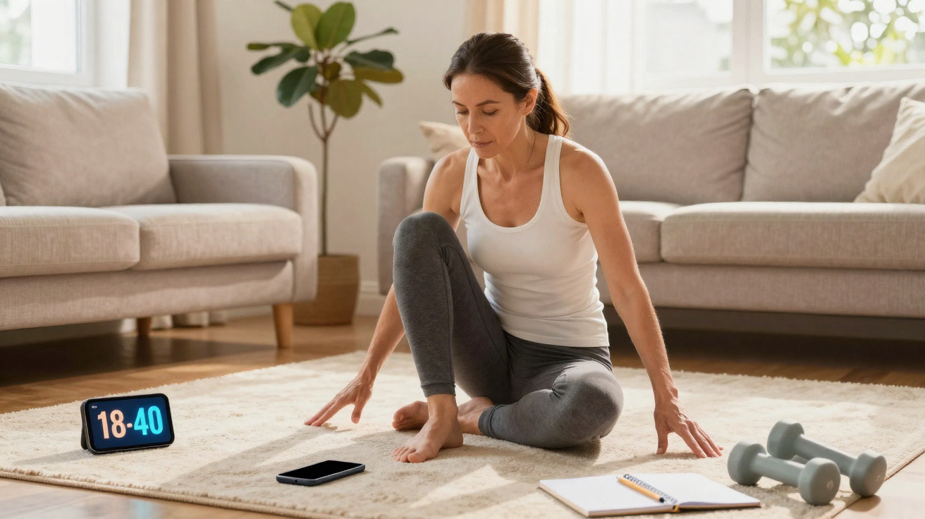 Mulher praticando yoga em casa sentada no tapete com halteres, caderno e relógio digital ao redor.