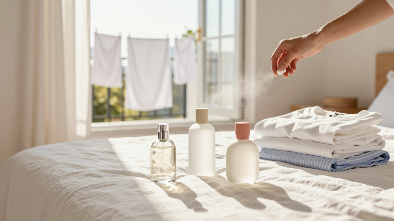 Mão borrifando fragrância em roupas dobradas sobre cama ensolarada com frascos de perfume ao lado.