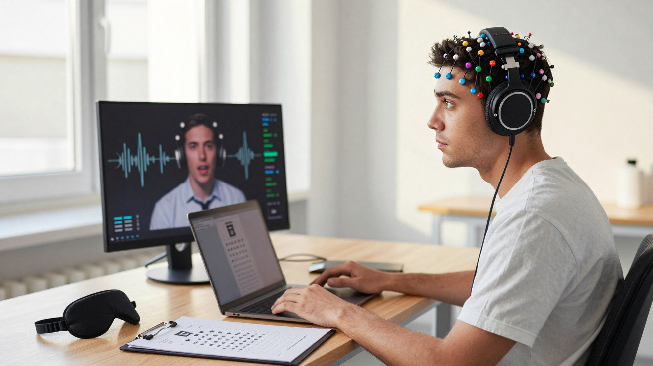 Homem com eletrodos na cabeça e fones estuda enquanto participa de videoconferência com teste cognitivo.