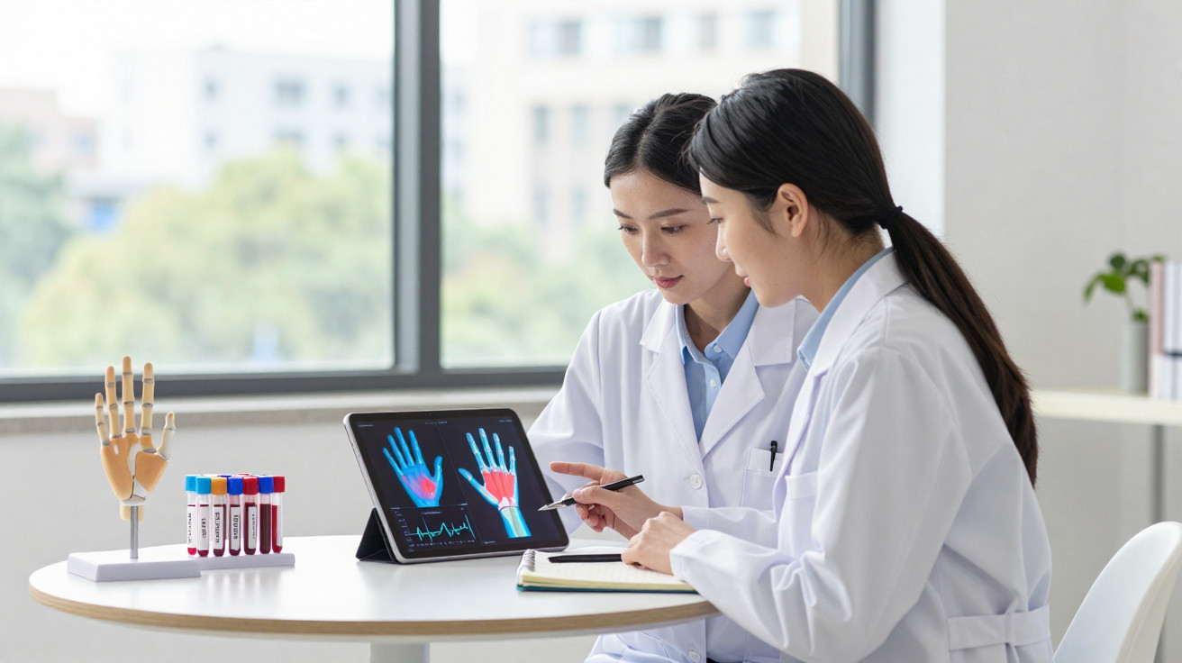Duas médicas analisando imagens de radiografia das mãos em tablet em ambiente clínico moderno.