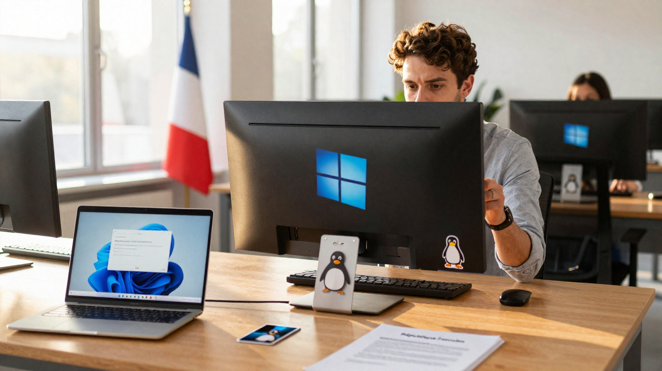 Pessoa trabalhando em escritório com computadores e adesivos do pinguim Linux na tela e celular.