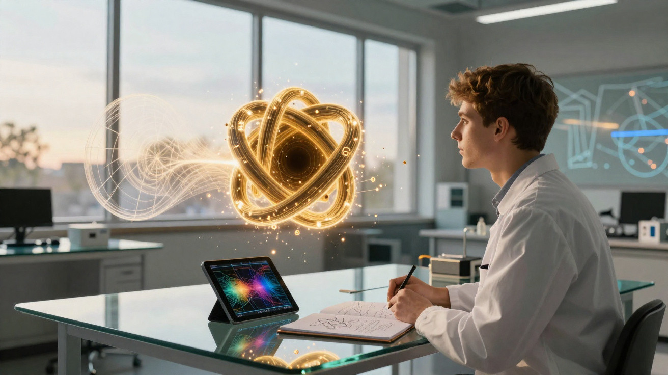 Jovem cientista em laboratório observa modelo holográfico de átomo ao lado de tablet com gráficos coloridos.