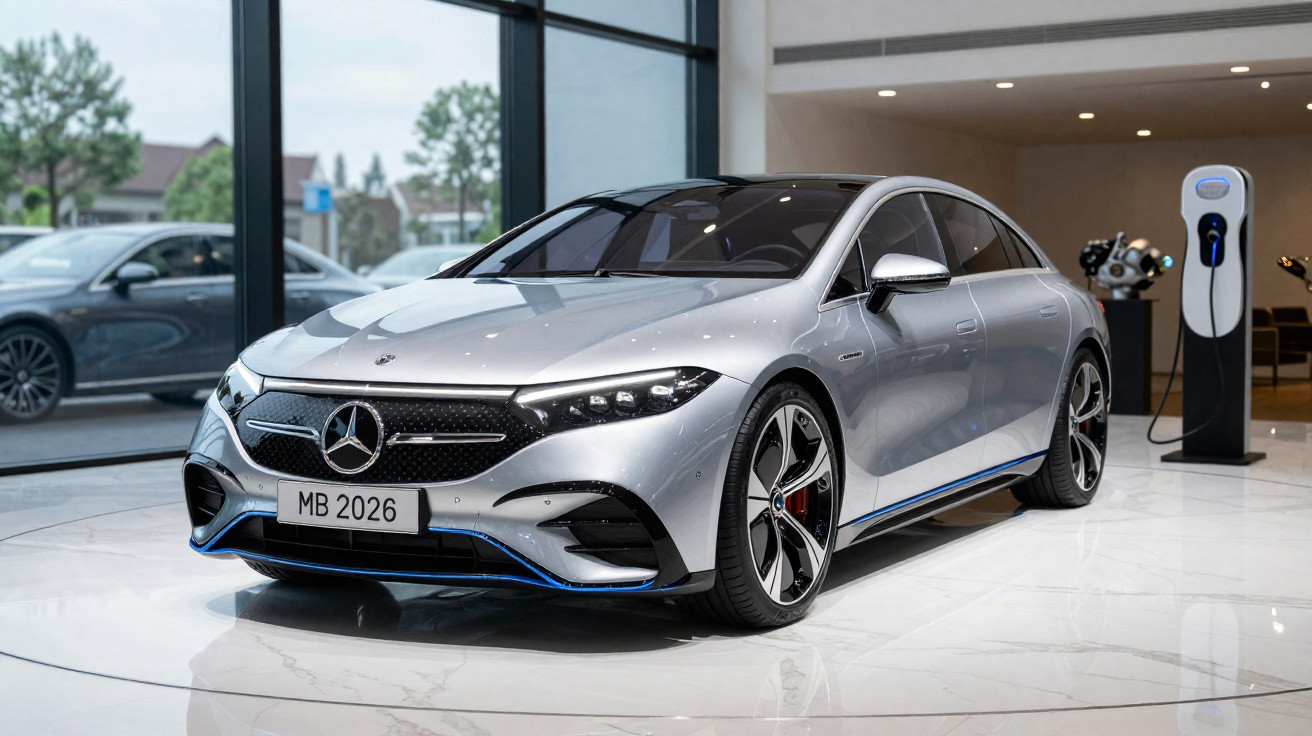 Carro elétrico Mercedes-Benz prata em exposição com carregador elétrico ao fundo.