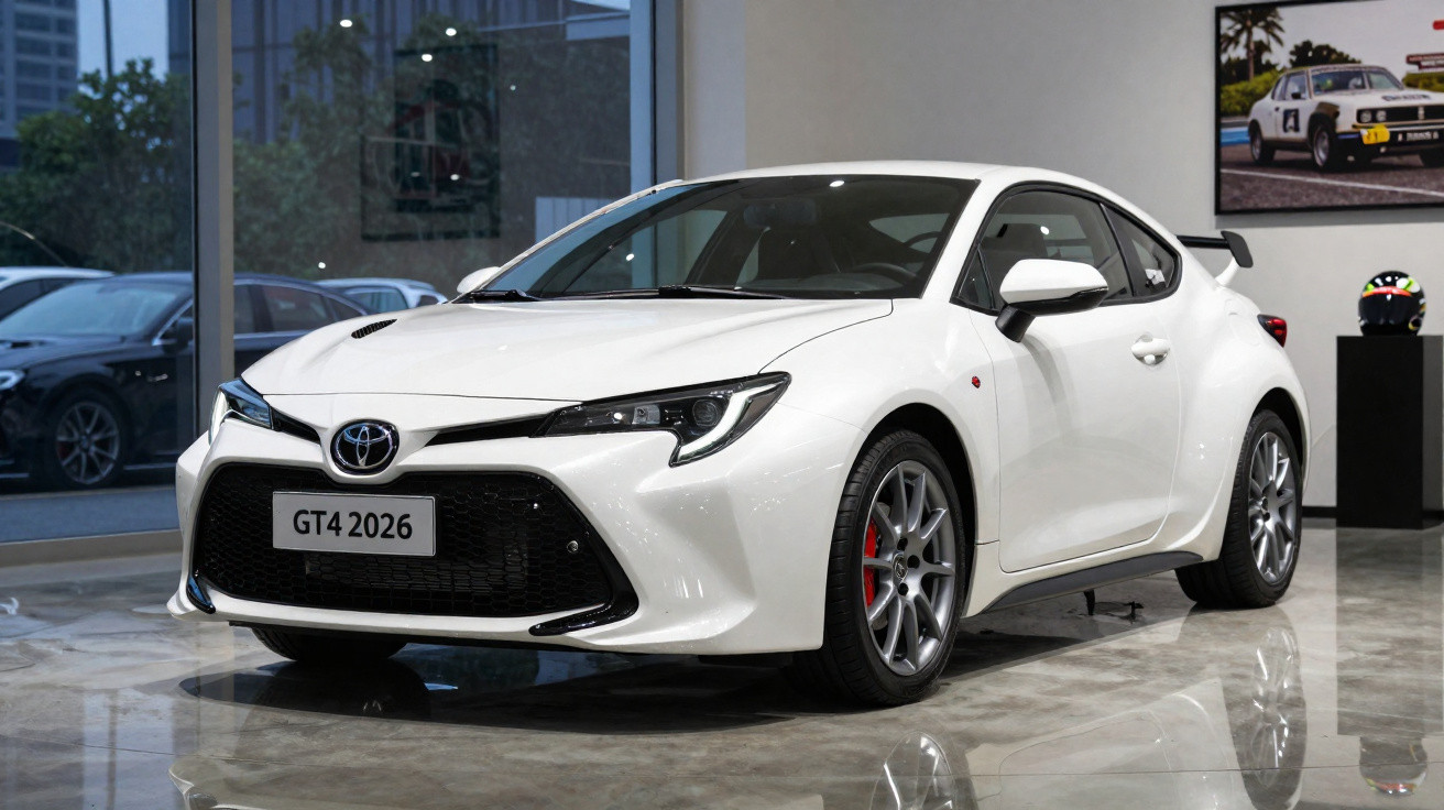 Carro esportivo Toyota GT4 2026 branco em showroom com piso refletivo.