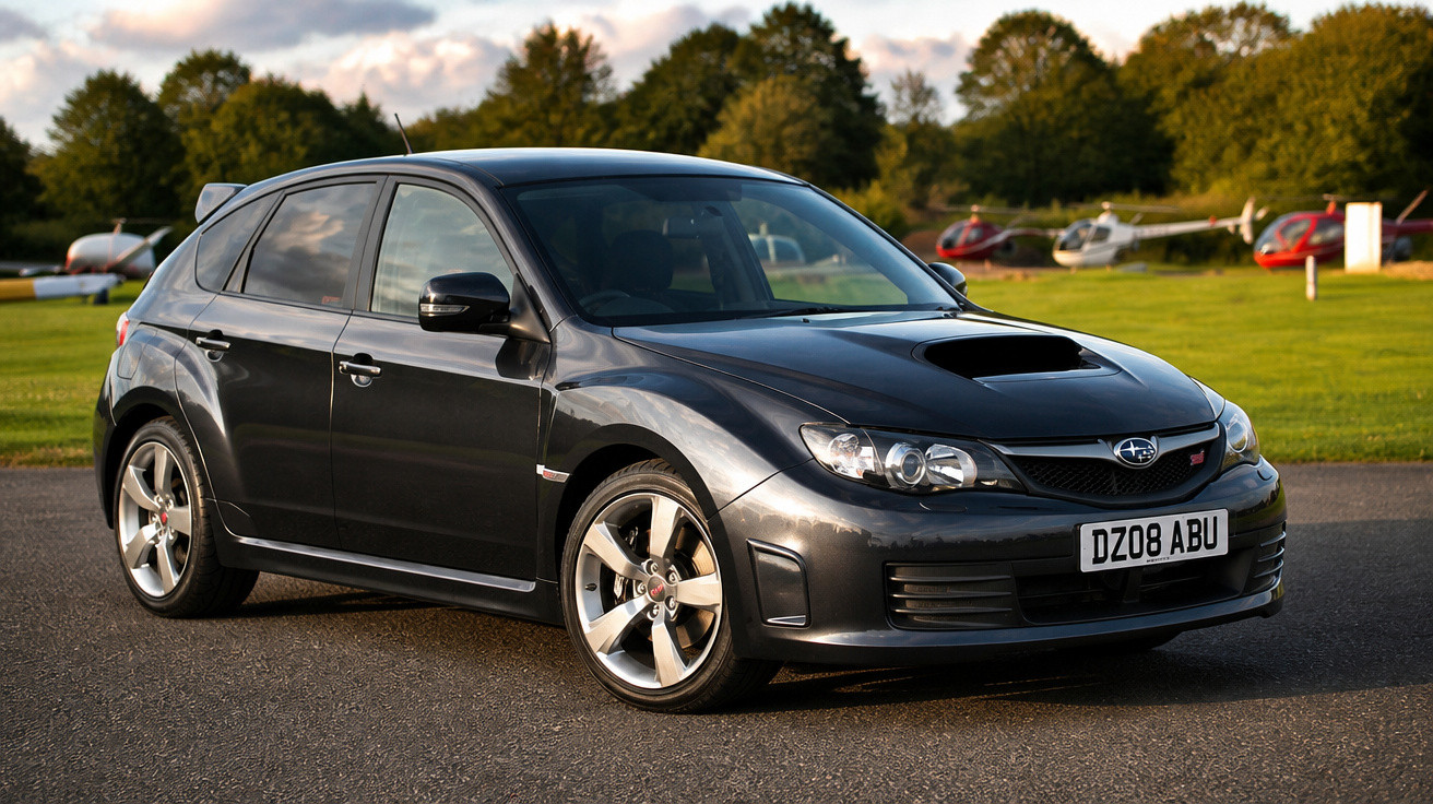 Carro esportivo preto Subaru WRX STI estacionado em estrada com helicópteros ao fundo.
