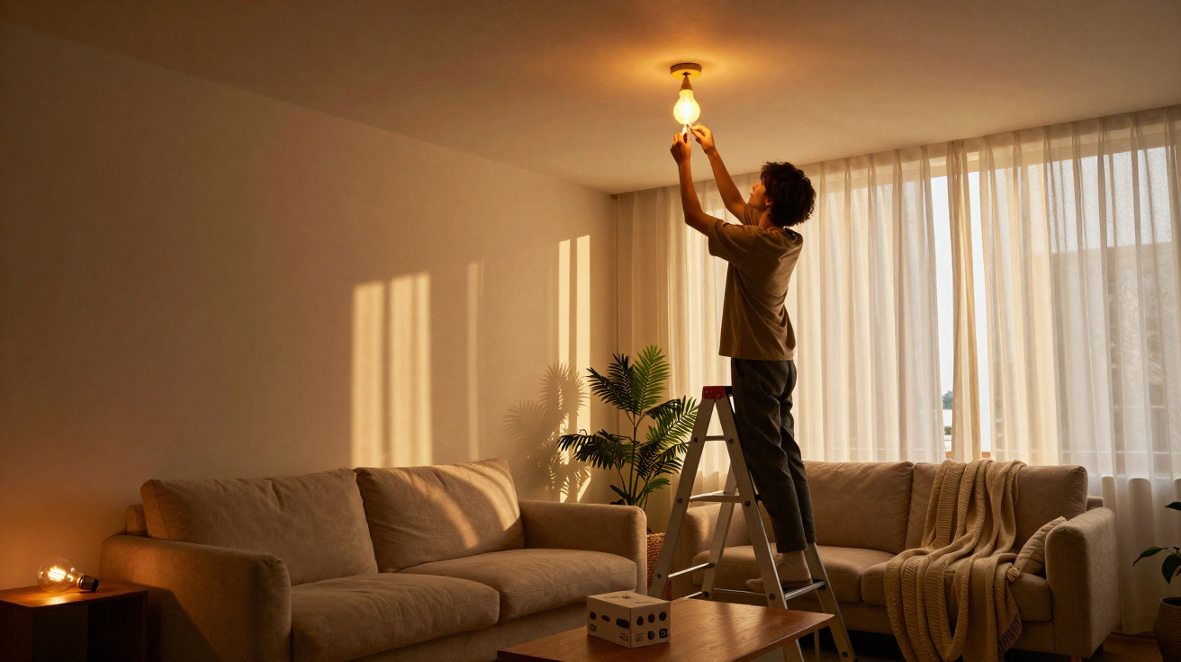 Pessoa instalando lâmpada em luminária de teto em sala de estar com sofá e planta decorativa.