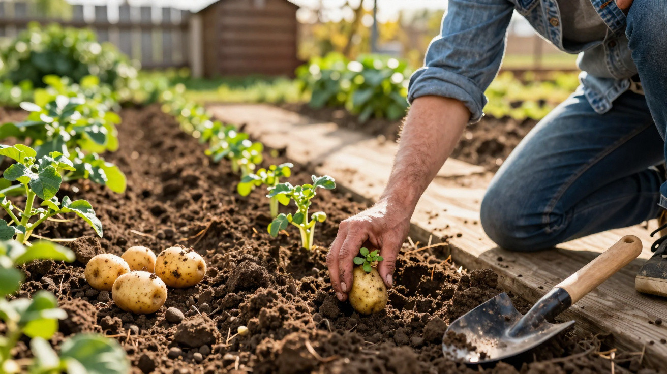 Pessoa colhendo batata em horta com jardineira ao lado em solo cultivado e vegetação ao fundo.