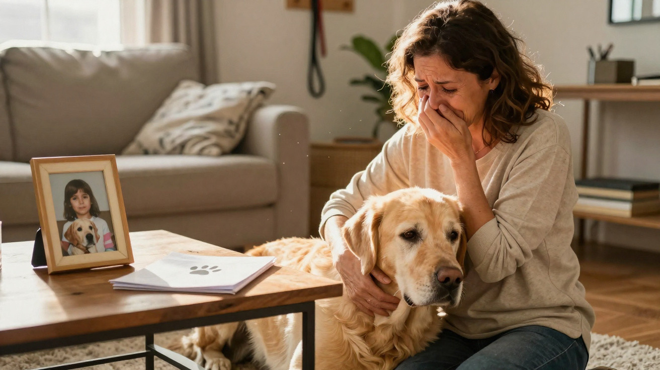 Mulher abraça cachorro triste ao lado de cartas e foto de menina com o cão em sala de estar.