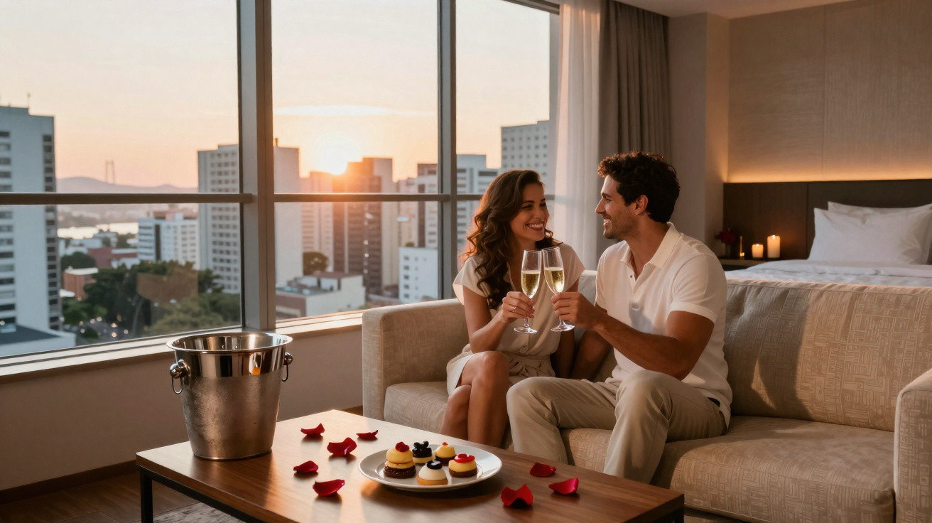 Casal brindando com taças de champagne em sala com vista para cidade ao pôr do sol.