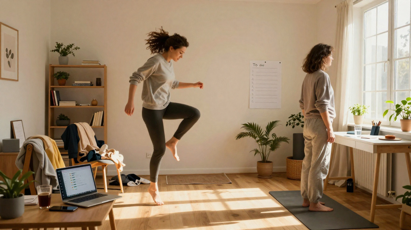Duas mulheres praticam exercícios em sala iluminada, uma pula e outra olha pela janela com tapete e plantas.