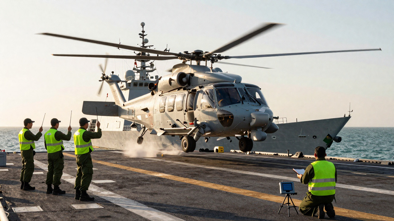 Helicóptero militar decolando de navio com cinco militares uniformizados sinalizando na plataforma.