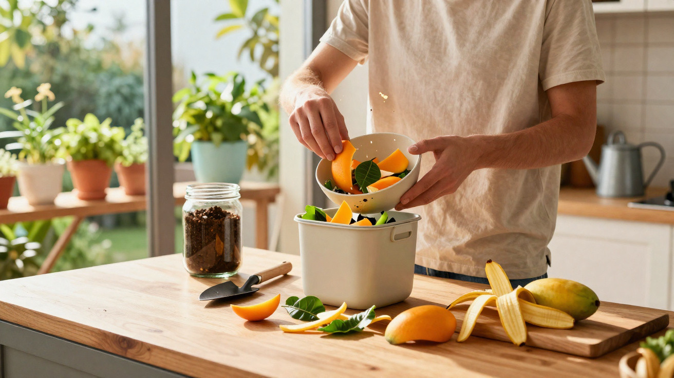 Pessoa adicionando restos de frutas em recipiente para compostagem na cozinha iluminada.