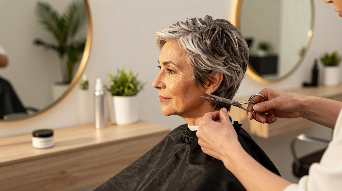 Mulher madura com cabelo grisalho curto recebendo corte de cabelo em salão de beleza moderno.