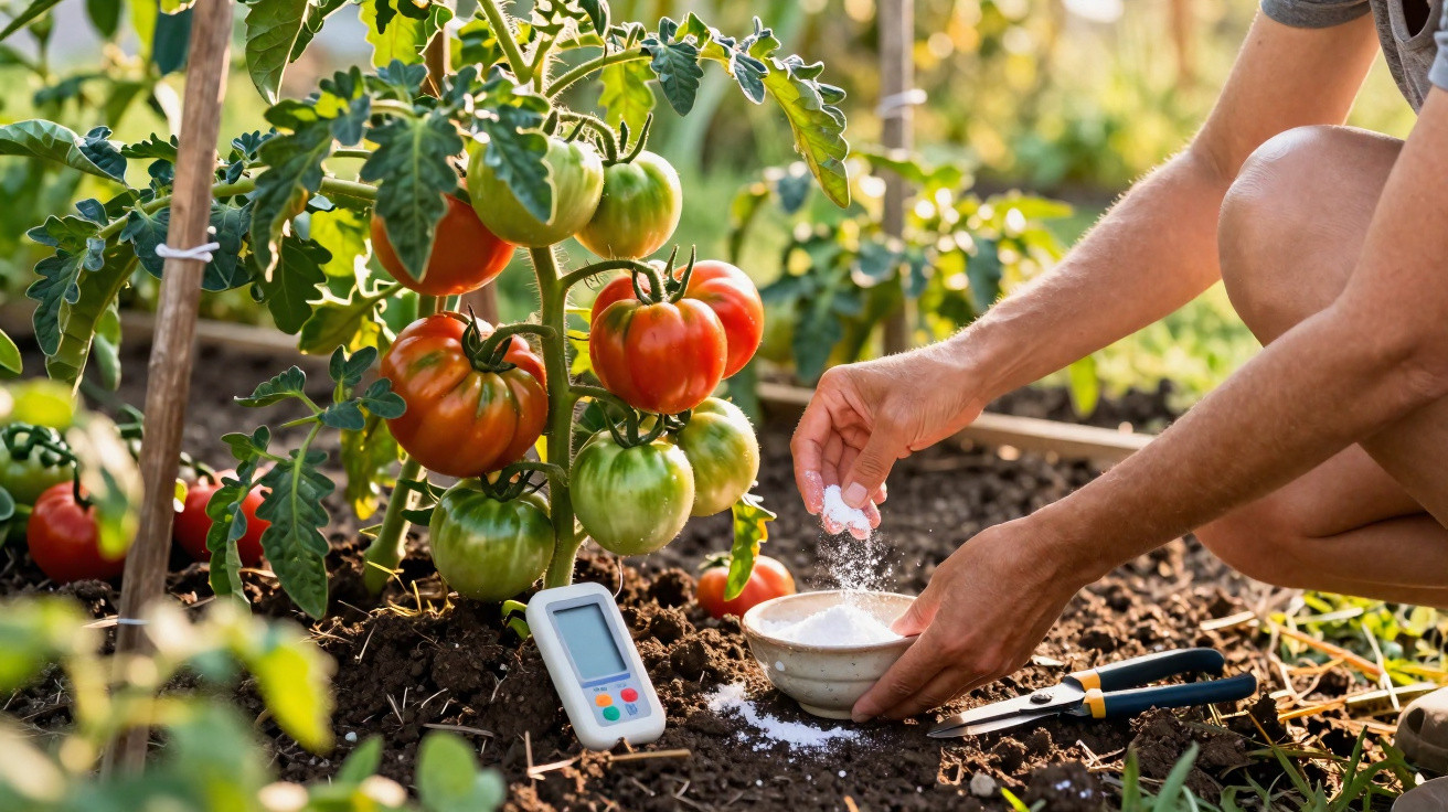 Pessoa adiciona fertilizante em planta de tomate com frutos verdes e maduros em horta ensolarada.