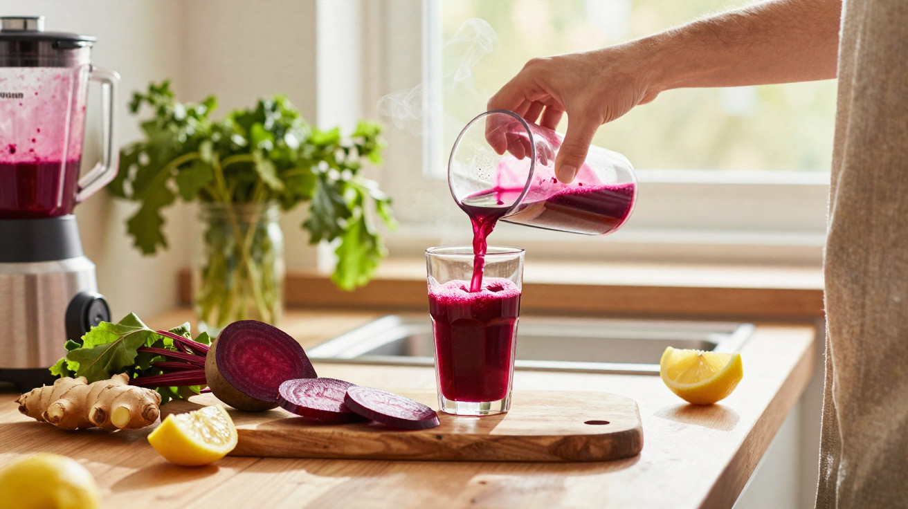 Pessoa derramando suco de beterraba fresco em copo na cozinha com limão e gengibre sobre a bancada.