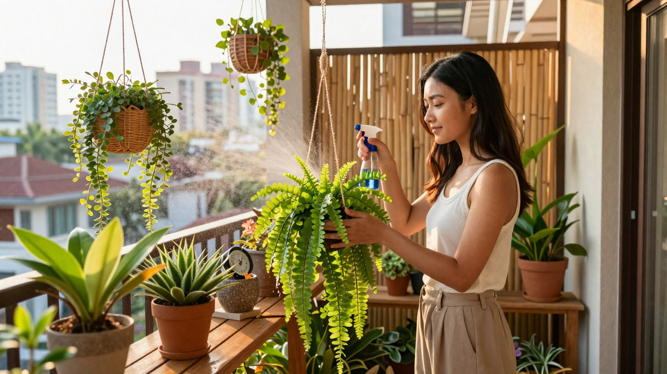 Mulher regando plantas em varanda ensolarada com vasos e plantas penduradas ao redor.