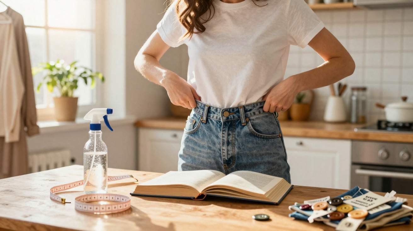 Pessoa vestindo camiseta branca e jeans ajusta calça em cozinha com livro aberto e fita métrica na mesa.