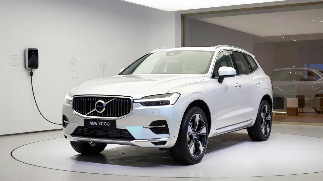 Carro SUV Volvo branco modelo New XC60 estacionado em showroom com carregador elétrico na parede.