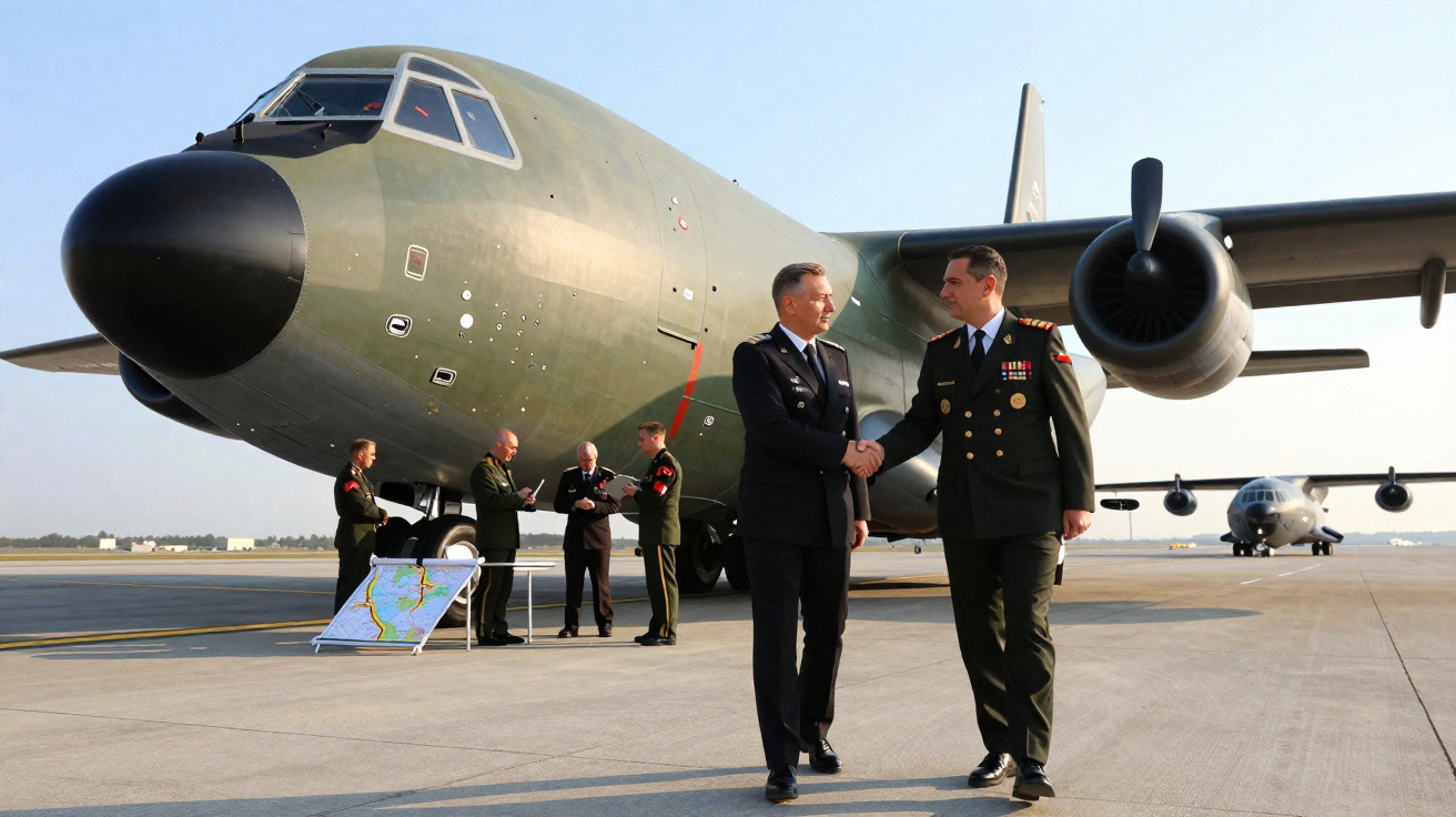 Dois militares apertam as mãos em frente a um grande avião militar estacionado em pista de aeroporto.