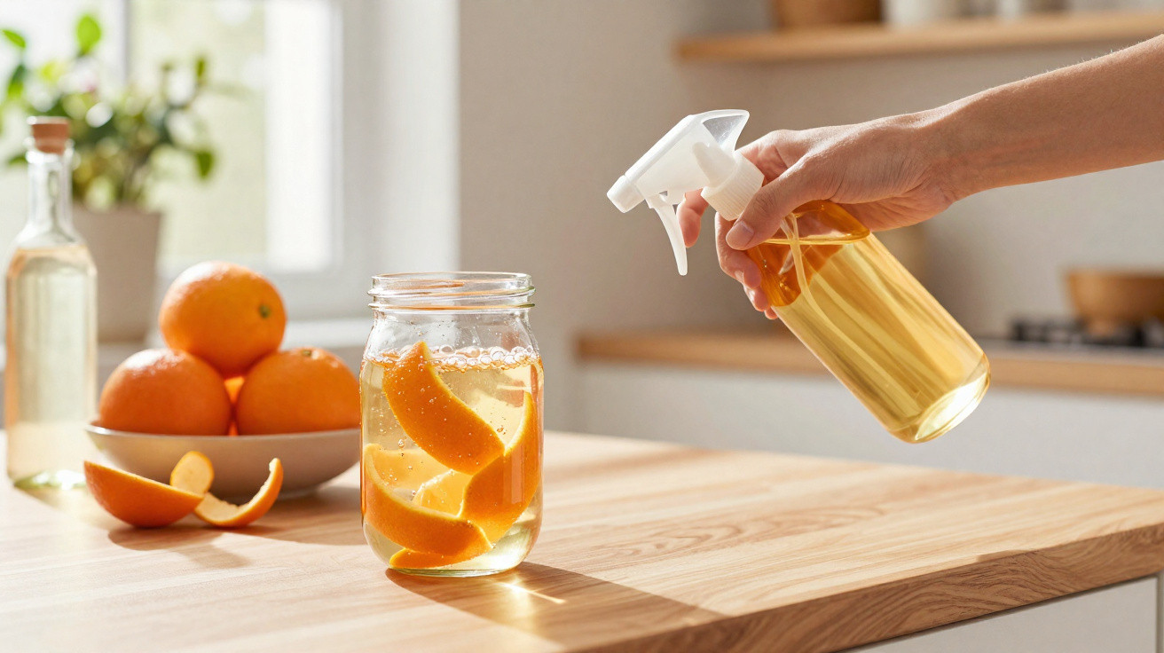 Mão borrifando solução amarela perto de pote com cascas de laranja sobre bancada de cozinha.