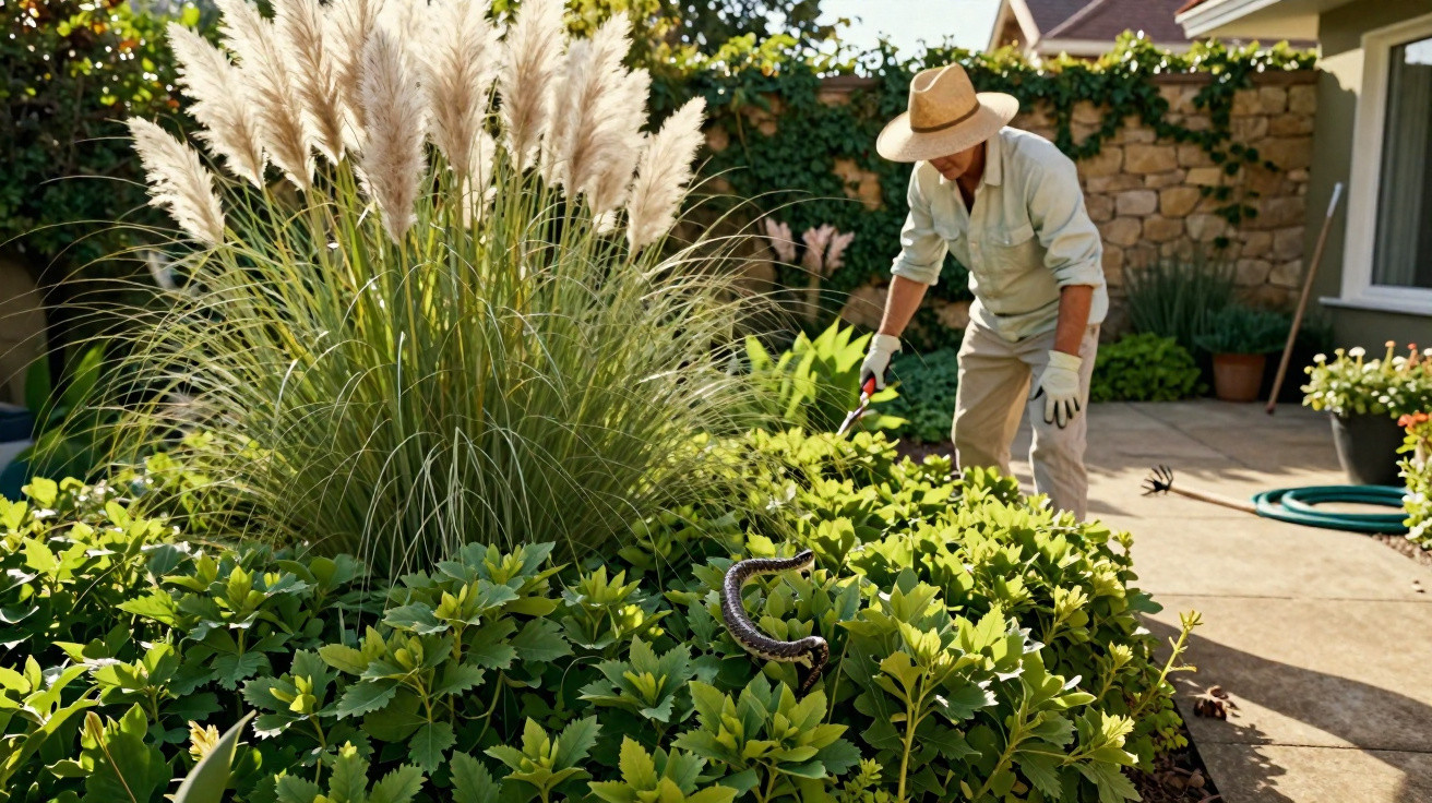 Homem com chapéu de palha cuida do jardim ao ar livre, com plantas verdes e arbustos ao redor.
