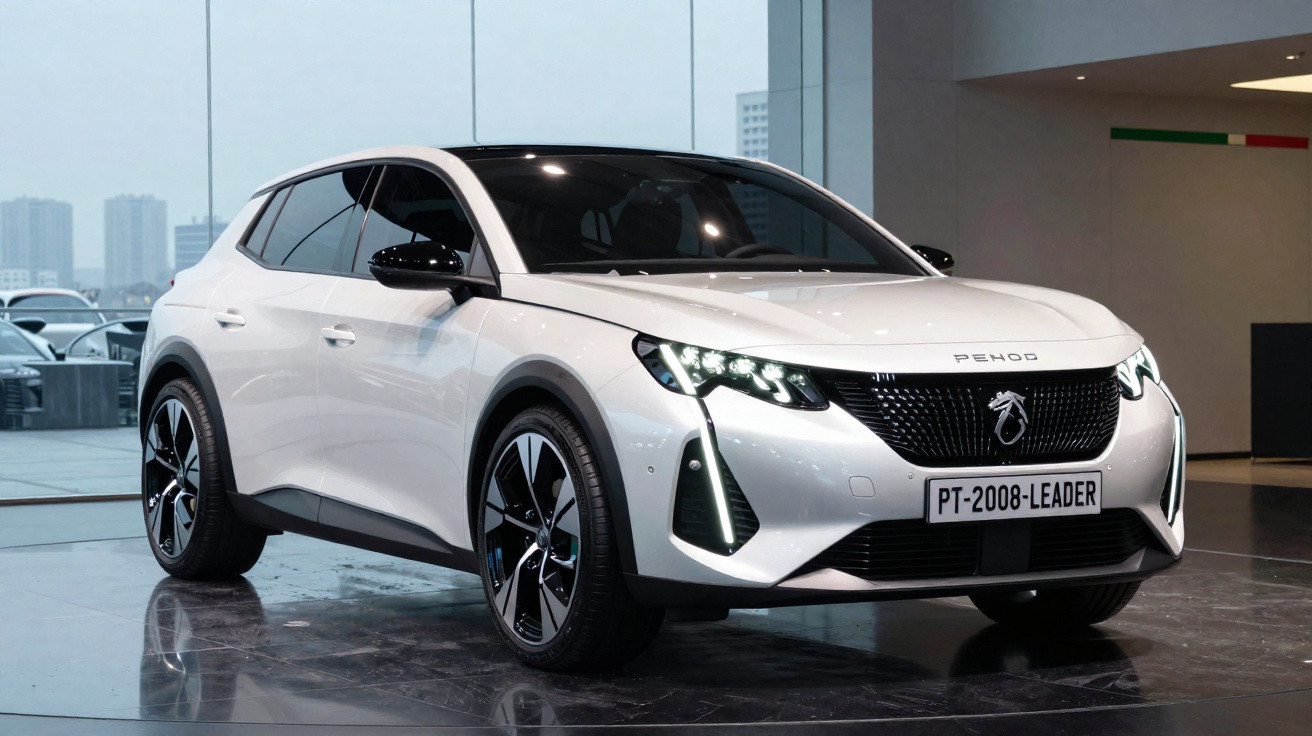 Carro branco modelo SUV Peugeot 2008 exposto em ambiente interno moderno com iluminação suave.