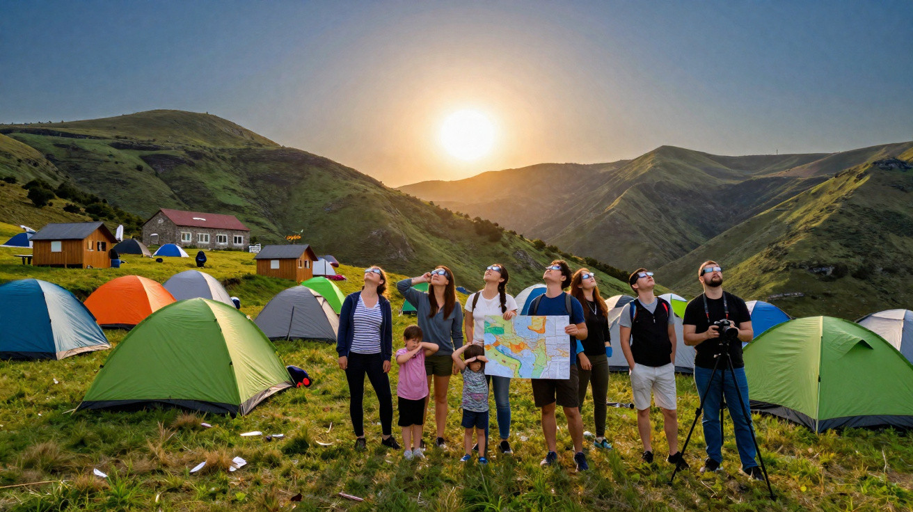 Grupo de pessoas em camping olhando para o céu ao pôr do sol nas montanhas com barracas ao redor.