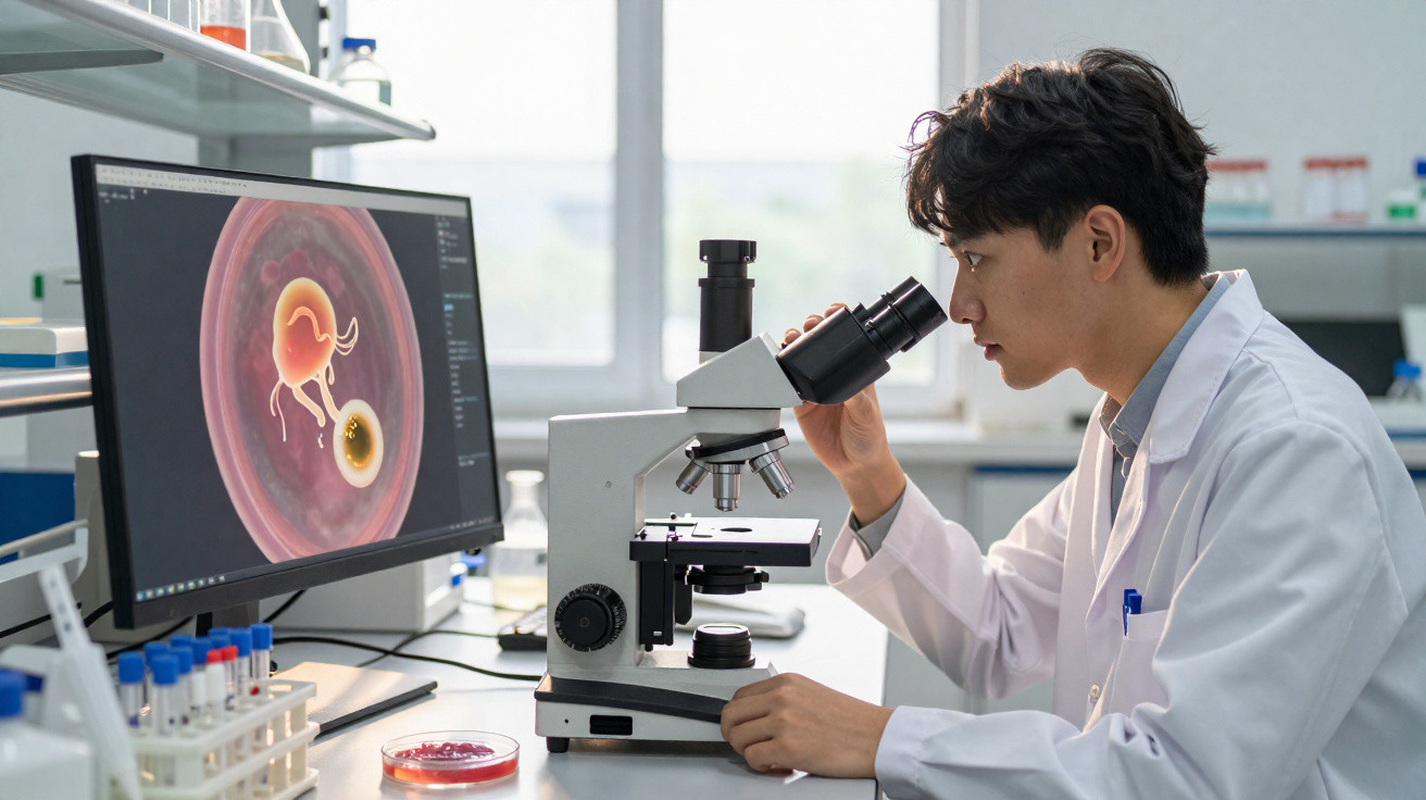 Cientista observa amostra em microscópio com imagem de célula no monitor em laboratório.