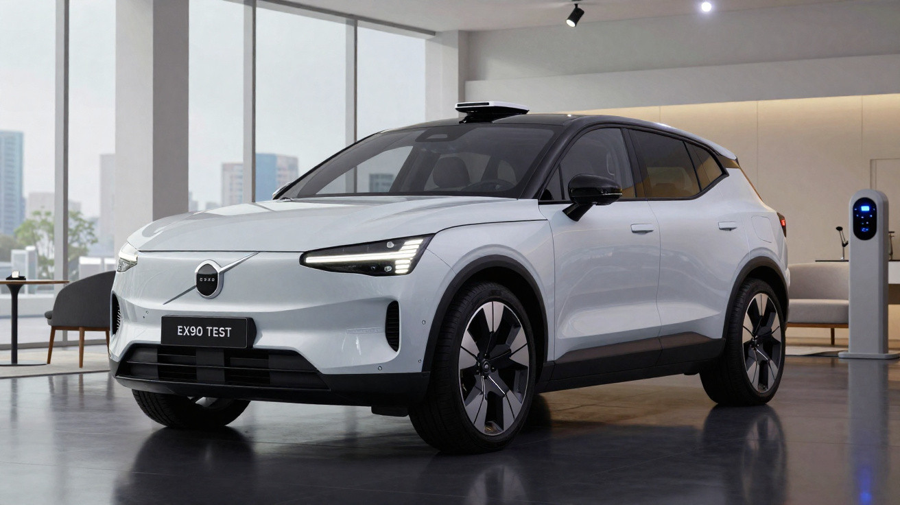Carro elétrico Volvo EX90 branco estacionado em ambiente interno moderno, detalhado em alta resolução.