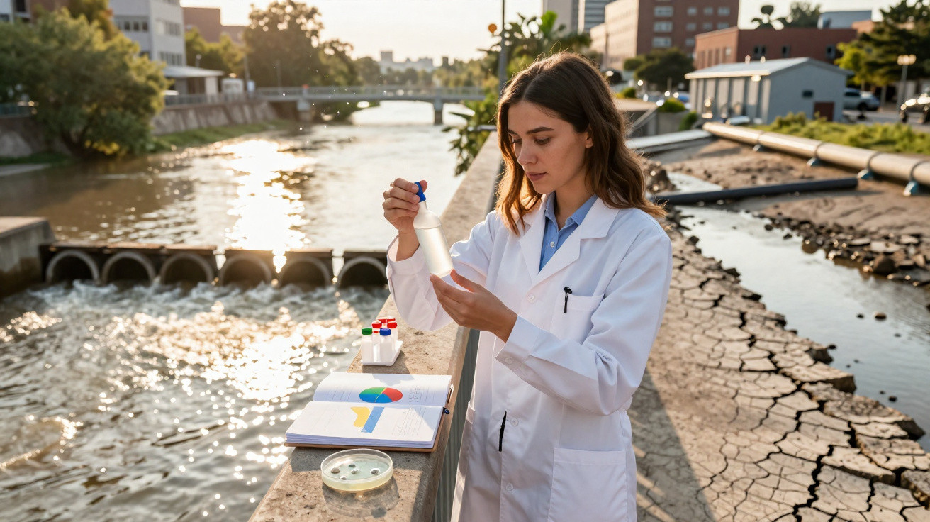 Mulher cientista coletando amostra de água em rio próximo a áreas urbanas para análise ambiental.