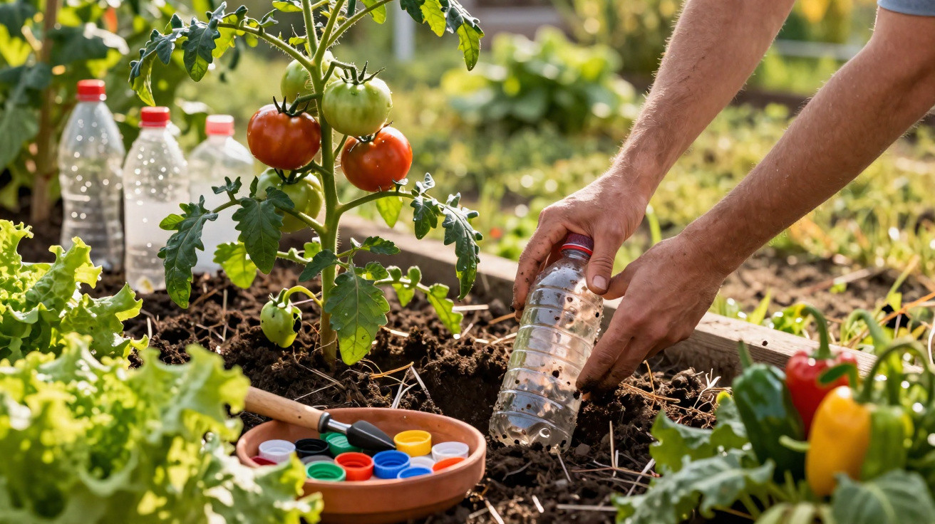 Pessoa utilizando garrafa pet para plantar tomateiros em horta orgânica com hortaliças ao redor.