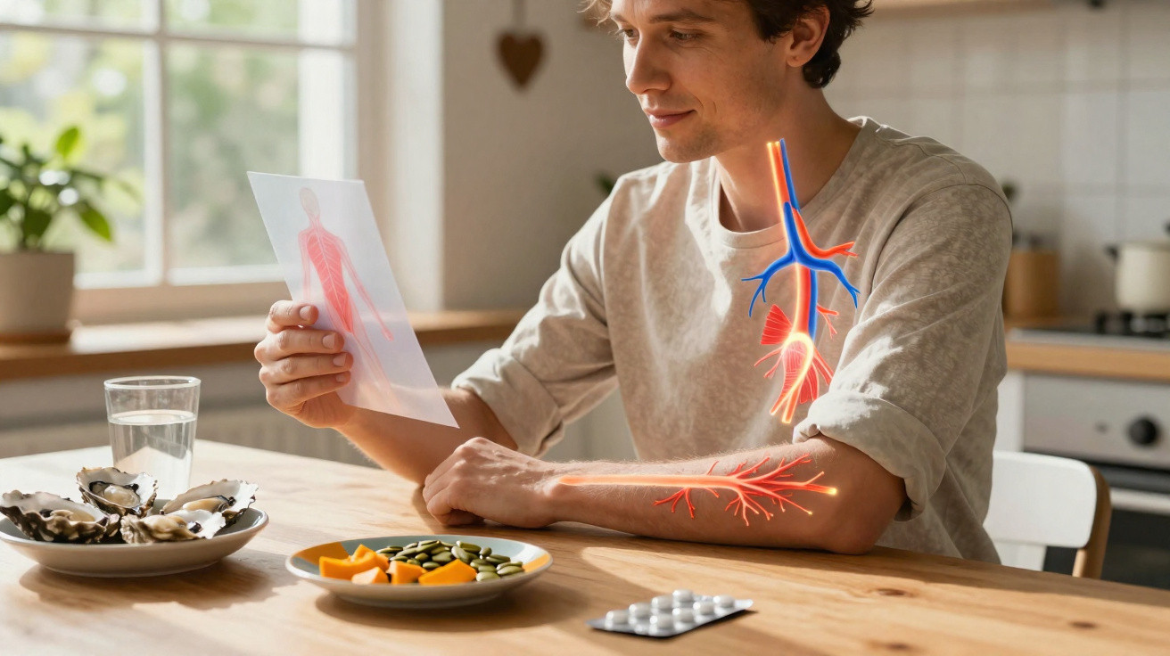 Homem sentado à mesa com ilustração digital do sistema circulatório no braço lendo imagem anatômica.