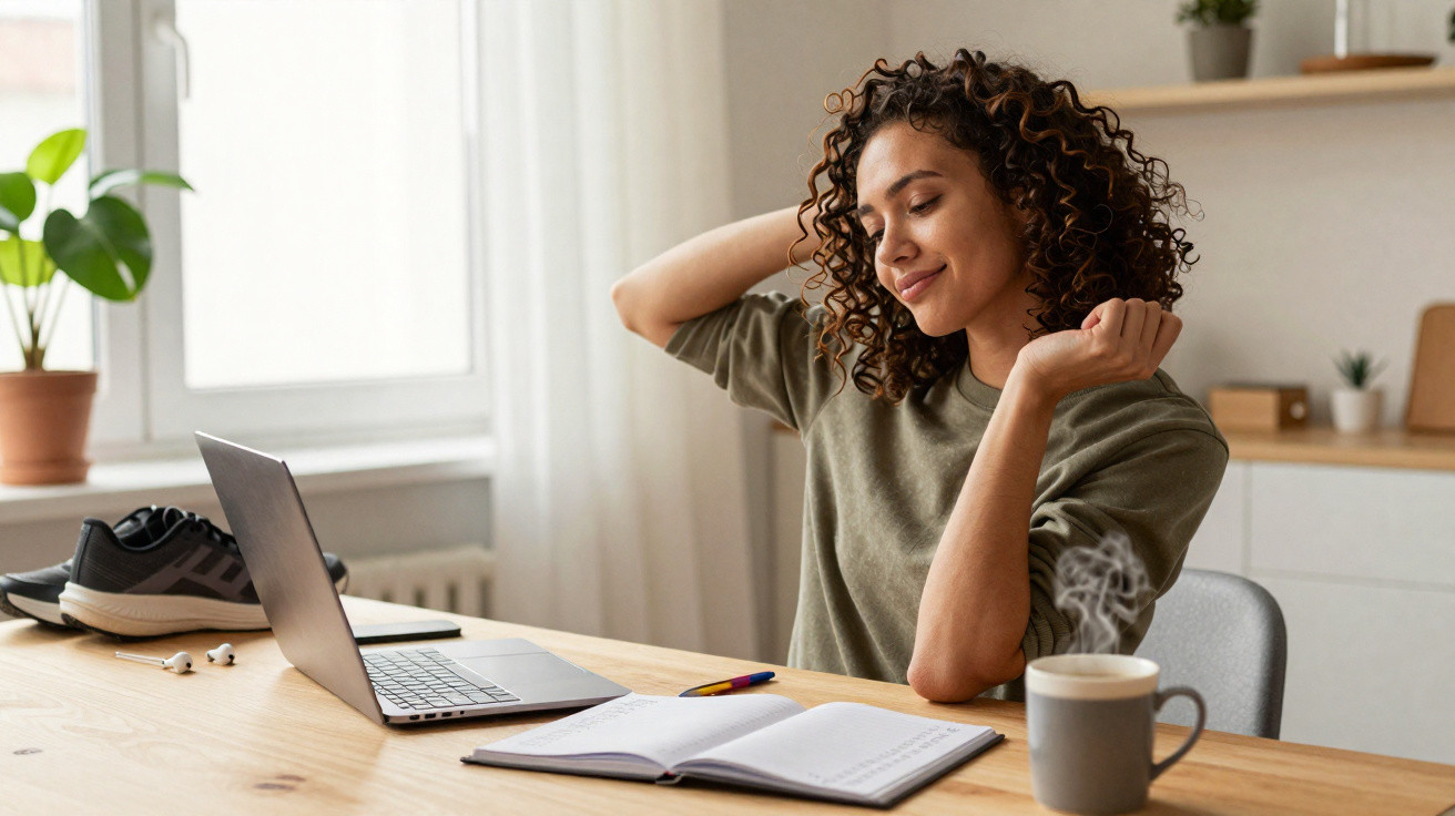 Mulher com cabelo cacheado se espreguiça em frente a notebook e caderno, com xícara de café na mesa.