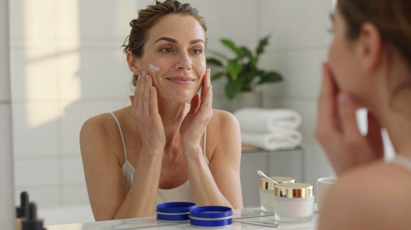 Mulher aplicando creme facial no rosto em frente ao espelho no banheiro.