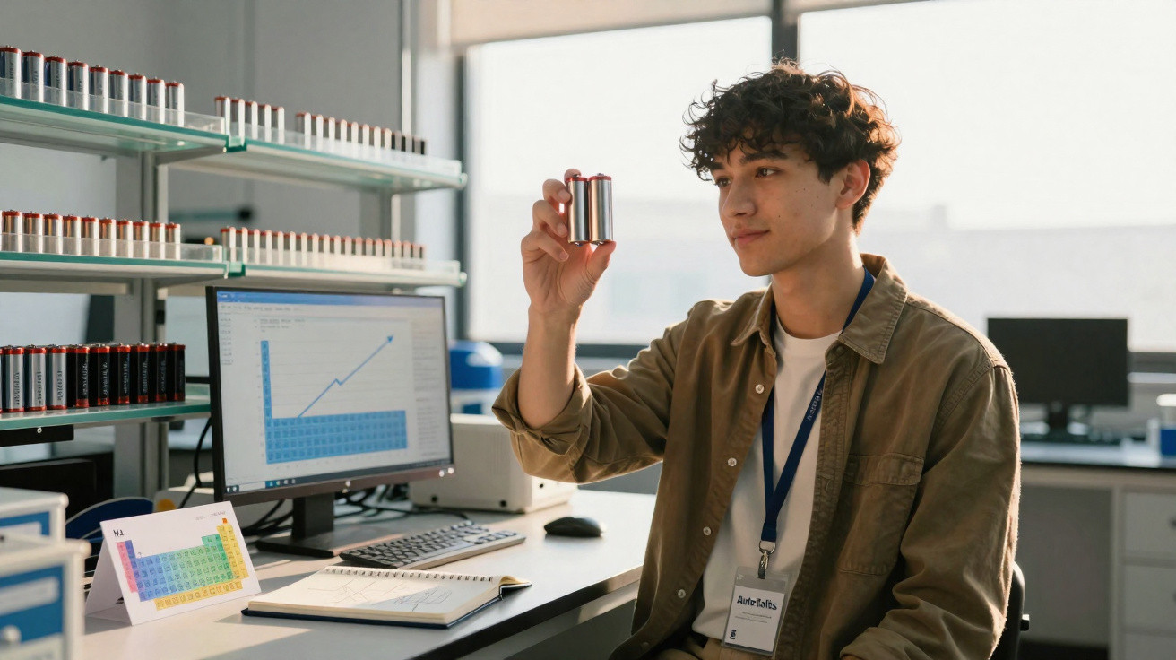 Jovem cientista segurando pilhas em laboratório com computador e gráfico ao fundo.