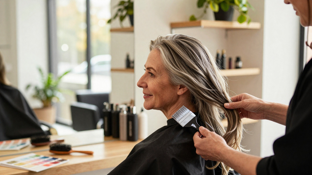 Mulher sorrindo enquanto cabeleireiro aplica tintura em seu cabelo em salão de beleza.