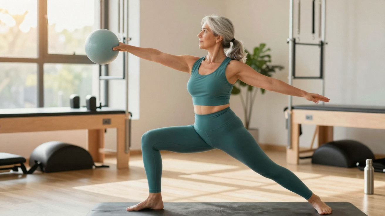 Mulher madura praticando yoga com bola azul em estúdio iluminado e arejado.